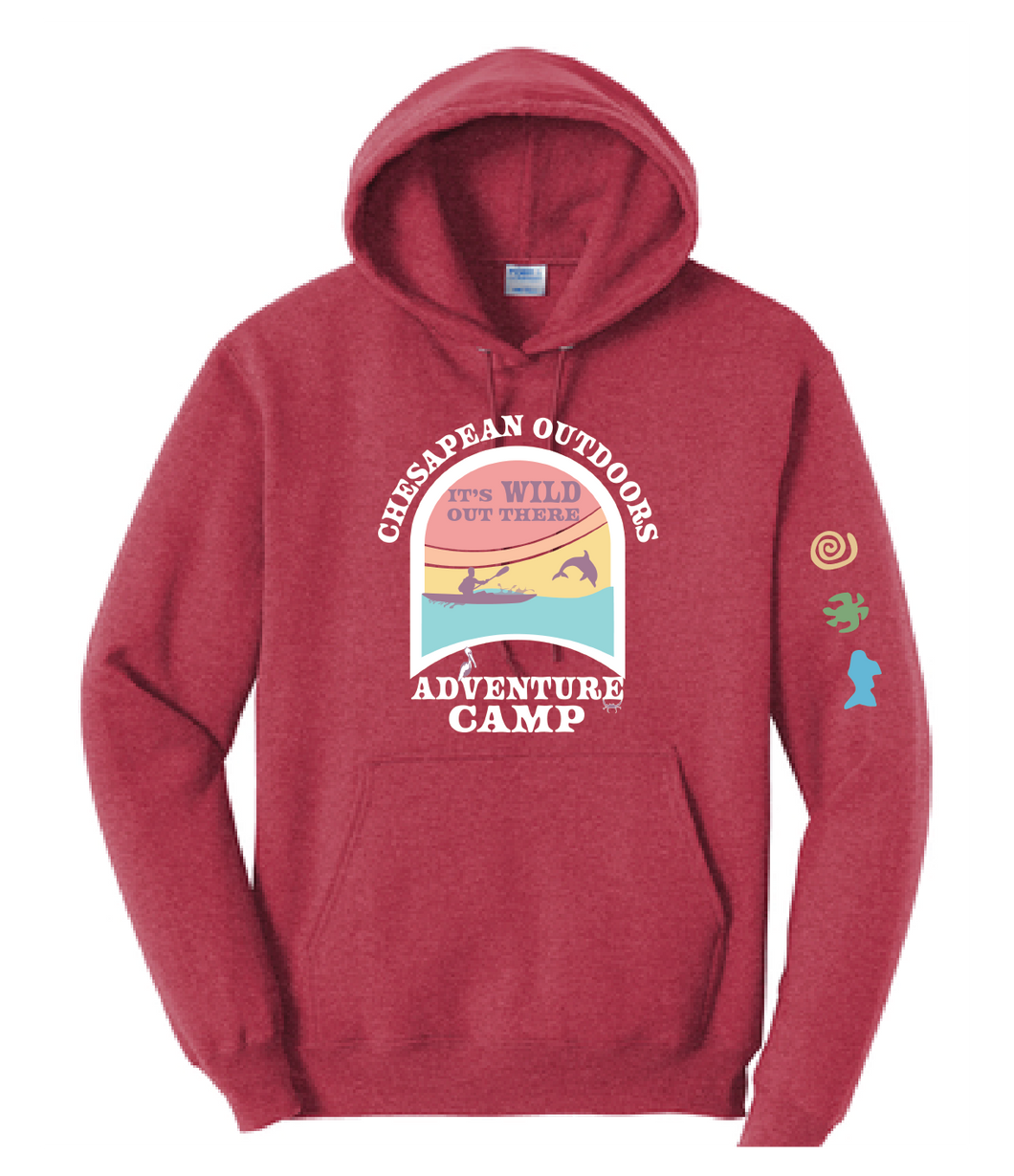 Adventure Camp Fleece Pullover Hooded Sweatshirt / Heather Red