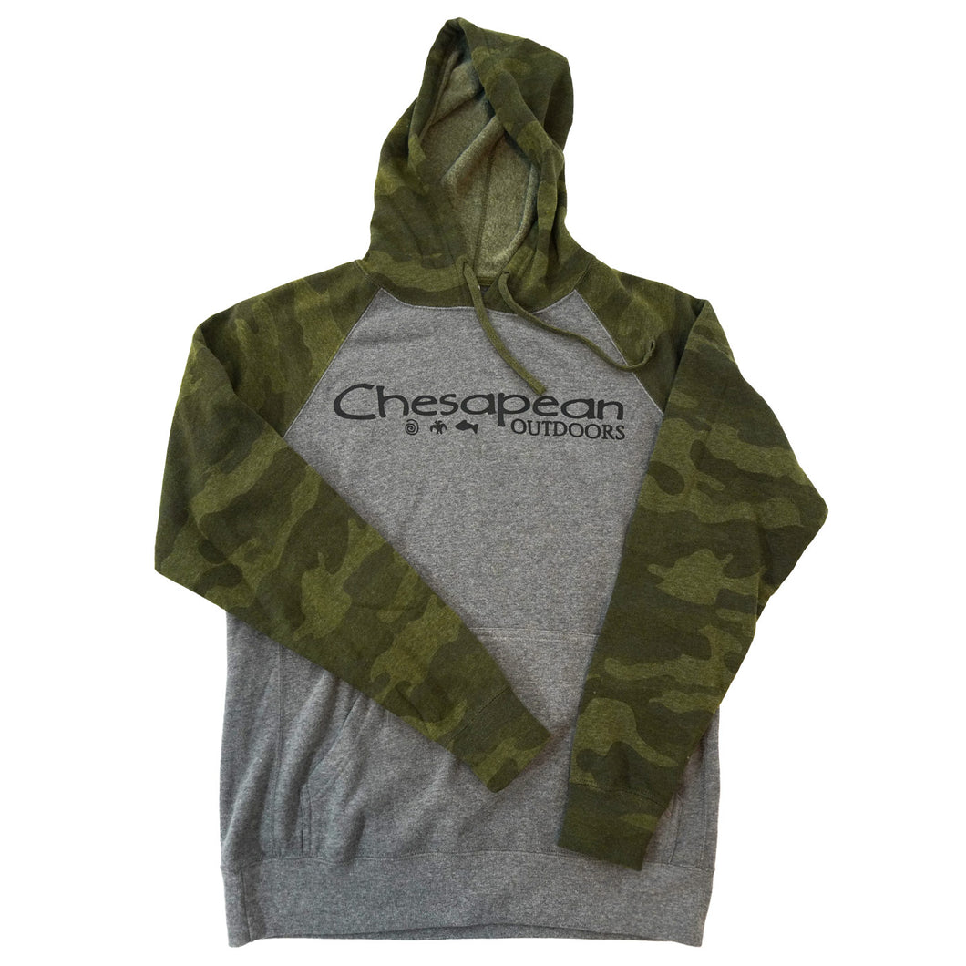 Camo, Grey Sleeve with Black Logo Adult Heavy Blend Hooded Sweatshirt